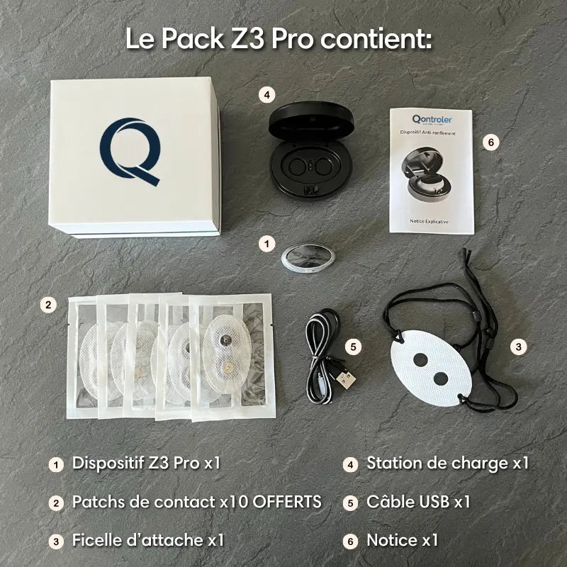 Représente le Z3 Pro de Qontroler™, le dispositif intelligent révolutionnaire anti-ronflement et anti-apnée du sommeil. Doté de la technologie médicale EMS, ce dispositif offre une solution avancée pour retrouver un sommeil paisible et réparateur, ainsi qu'une santé nocturne optimale.