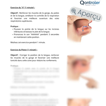 Représente le mockup du programme Z3 Pro+ pour renforcer le tonus glossopharyngien et supprimer les ronflements et l'apnée du sommeil, en complément du dispositif Z3 Pro de Qontroler™