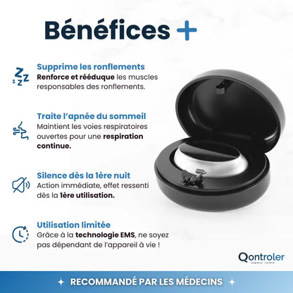 Représente le Z3 Pro de Qontroler™, le dispositif intelligent révolutionnaire anti-ronflement et anti-apnée du sommeil. Doté de la technologie médicale EMS, ce dispositif offre une solution avancée pour retrouver un sommeil paisible et réparateur, ainsi qu'une santé nocturne optimale.