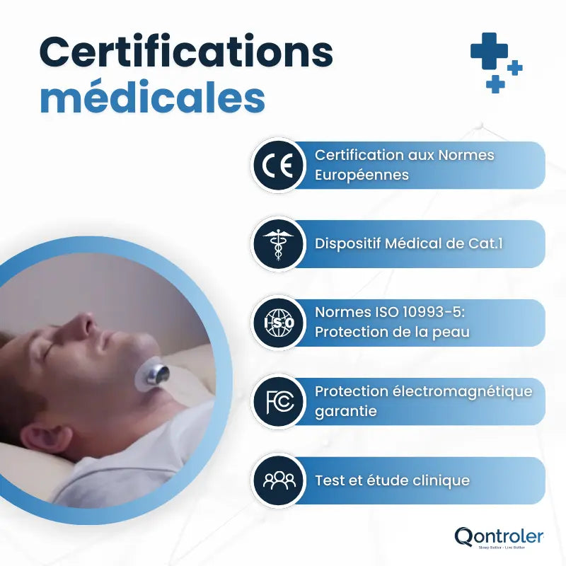 Représente le Z3 Pro de Qontroler™, le dispositif intelligent révolutionnaire anti-ronflement et anti-apnée du sommeil. Doté de la technologie médicale EMS, ce dispositif offre une solution avancée pour retrouver un sommeil paisible et réparateur, ainsi qu'une santé nocturne optimale.