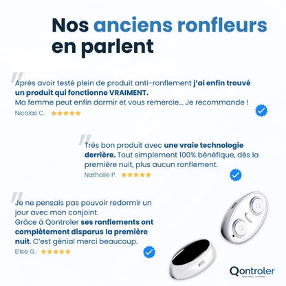 Représente le Z3 Pro de Qontroler™, le dispositif intelligent révolutionnaire anti-ronflement et anti-apnée du sommeil. Doté de la technologie médicale EMS, ce dispositif offre une solution avancée pour retrouver un sommeil paisible et réparateur, ainsi qu'une santé nocturne optimale.